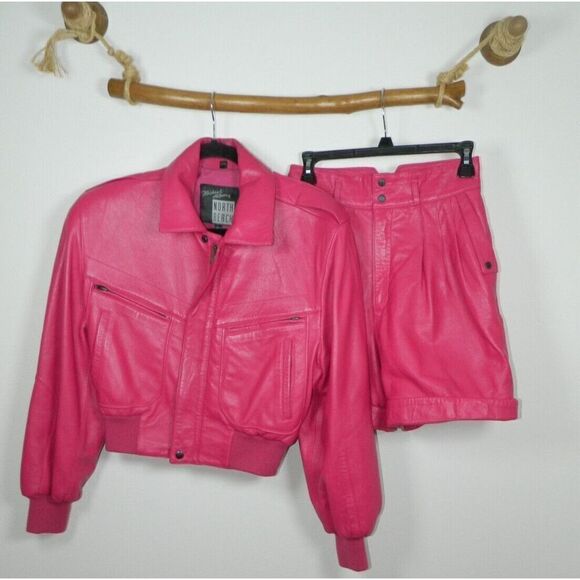 Michael Hoban North Beach Jacket Shorts‎ Set Size 7/8 Pink Leather 90's Pockets - Picture 6 of 15
